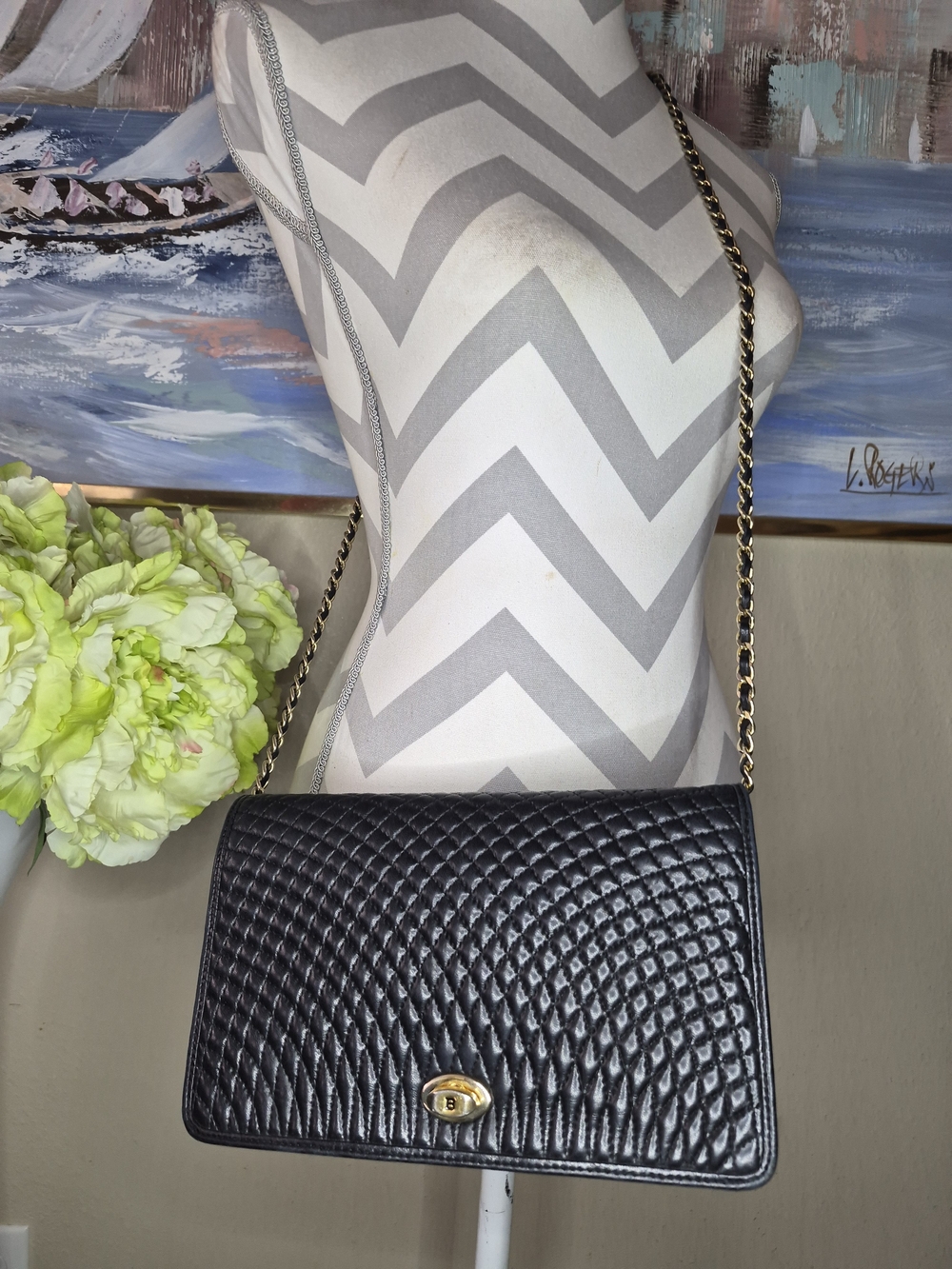 Vintage Bally Black Quilted Leather Crossbody with Gold Chain